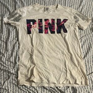 PINK Victoria's Secret Cream Tee with Floral Logo